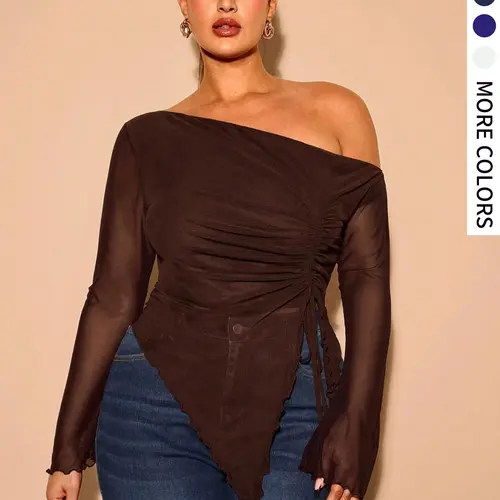 Plus Size Women's Mesh Asymmetric Off-Shoulder Top, Drawstring Long Sleeve, Semi-Sheer, Stretchy, Casual Blouse for Daily Wear