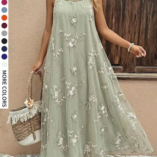 Plus Size Women's Mesh Embroidered Dress, Elegant Casual Loose Fit Long Dress for Dates, Vacations and Parties, Plus Size Dresses