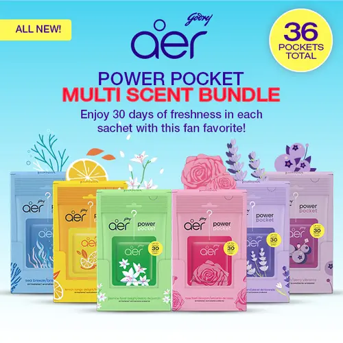 Aer Power Pocket Mono Carton Home Fragrance Gel Base Scented Pack Bundle - Spill-Free, Eco-Friendly, Alcohol-Free - Sea Breeze, Tangy, Jasmine, Rose, Lavender, Blueberry Scents - 6x6 (36 Units) for Bathroom Freshness & Daily Use