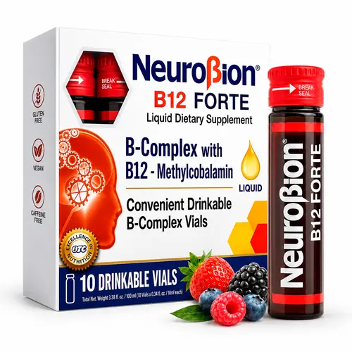Neurobion B12 Forte Liquid Multivitamin Dietary Supplement - 10 Vials x 10 ml (Packaging May Vary) with B1, B6 for Basic Wellness, Brain Health, Boost Energy, Adults' Immune & Metabolism Support