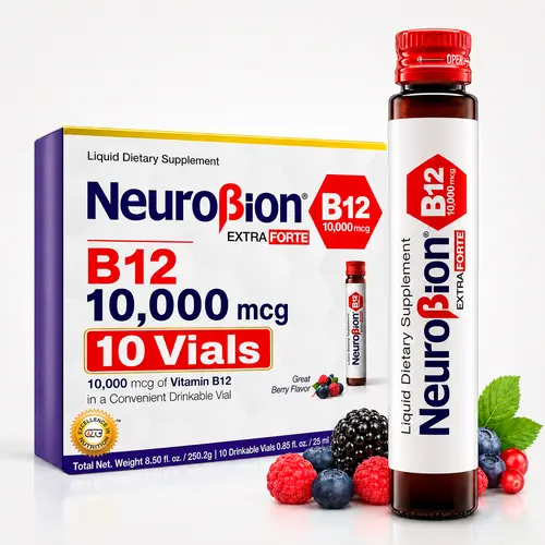 Neurobion Extra Forte Methylcobalamin B12 Liquid Vials - 10,000 mcg, 10 Vials/Box, Daily Dietary Nutrition Drink Supplement for Energy Support, Daily Dietary Supplement