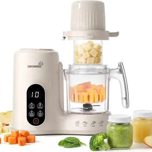 Grownsy Baby Food Maker with Dual-Layer Steam Basket | Baby Food Processor for Starting Solids & Babies 6+ Months | Steamer Blender & Puree Machine for Healthy Homemade Baby Food, BPA-Free,Cream
