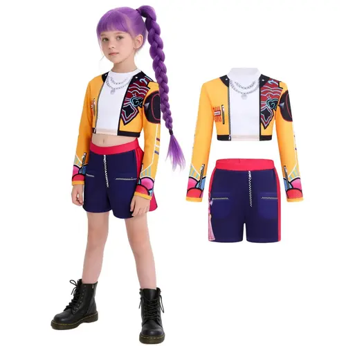 K-POP Girls Rumi Mira Role Play Costume Set 3pcs Suitable for all seasons, featuring 3D printed patterns and a celebrity-inspired style designed specifically for children. Crafted from comfortable fabric to create a true superstar look.