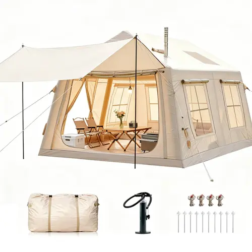 Docred 8/10/12 Inflatable Glamping Tent with Canopy, Hand Pump, Stove Jack, Breathable Waterproof Oxford Fabric, Portable Outdoor Camping Setup, Rainproof Sunproof for Family Travel, Breathable Waterproof Tent, Outdoor Camping Waterproof, Portable Outdoor