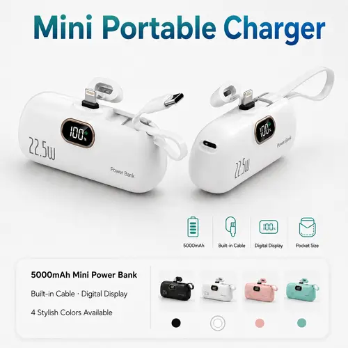 5000mAh Mini Portable Charger, 22.5W Power Bank with Built-in Cable, USB-C & USB-A Ports, Digital Battery Display, Compact Lightweight Battery Pack for iPhone, Samsung, Android, Travel Essentials,back to school,back to school haul