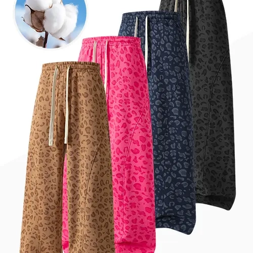 Men’s leopard-print casual trousers with side pockets, lightweight and breathable soft fabric, loose comfortable casual sweatpants, ideal for daily wear and all-year running
