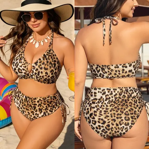 Swimsuits 2026 for Women ( Size Up) , 2 Piece Bikini Set, Leopard Print Bathing Suit with Halter Push Up Bra, Plus Size Swimsuits with Mid-Low Waist Triangle Perfect for Beach Vacation Pool Party Summer Women's