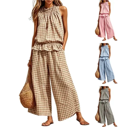 SCUSTY Women's 2 Piece Set Outfits Gingham Plaid Sleeveless Ruffle Top Wide Leg Pants Summer Casual Beach Vacation Sets Casual Style Set Clothes
