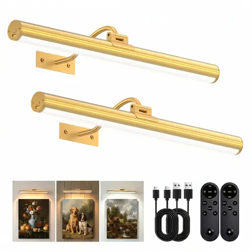 16-Inch Gold USB Rechargeable Wireless Wall-Mounted Picture Lamps (2-Pack), 6000mAh Dimmable Rotatable LED Gallery Lamps with Remote, Home Room Decor Aesthetic Home Decor Lights with Batteries for Art, Vanity Mirrors, #SohoChic