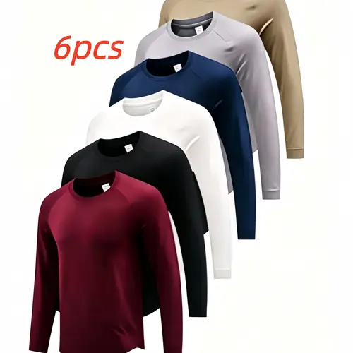 6 Pack Men's Athletic Long Sleeve Crew Neck Shirts, Breathable Quick-Dry Medium Stretch Printed Regular Fit Tops, Body Shaping Fitness Wear, Casual Outdoor Sportswear Ideal for Gym Workouts, Morning Runs & Comfortable Everyday Wear