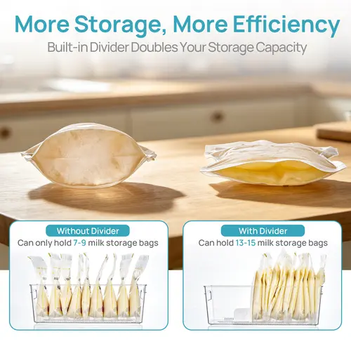 【New Arrival】Vtopmart 4/8 Pack Breastmilk Storage Containers with 2 L-Shaped Sliding Adjustable Dividers, Flexible Compartment Adjustment, Fridge & Freezer Open Storage Bins, Clear& Multi-functional (Breast Milk Bags Not Included)
