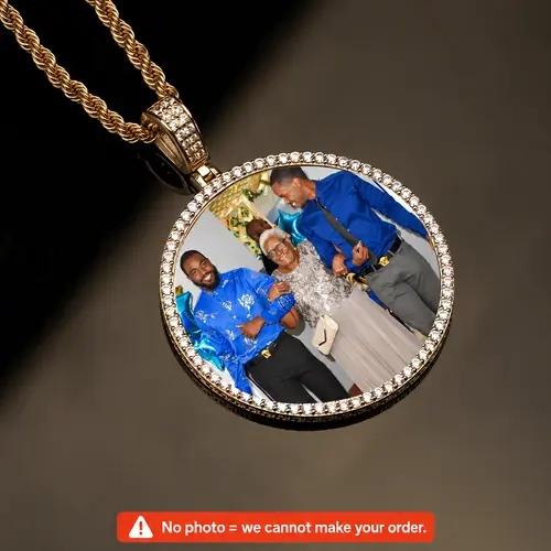 Custom Photo Necklace for Men Women, Personalized Picture Pendant Necklace, Iced Out Round Photo Charm, Gold Plated Circle Chain, Memorial Jewelry Gift for Family Couple Friend
