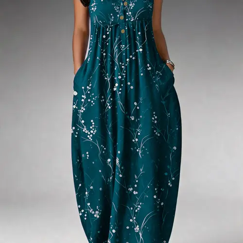 Women's Elegant Plus Size Tree Print Sleeveless Long Dress, Casual Wear, Loose Fit, Fashionable European and American Style Dress, Elegance