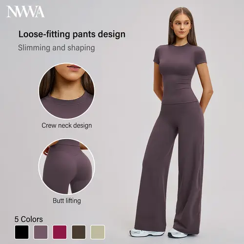 Women's Workout Sets 2 Piece Outfit, Brushed Stretchy Crew Neck Top & High Waist Wide Leg Pants, Tummy Control Athleisure Activewear, Fitness Outfit Athleisure, Casual Breathable Sportswear
