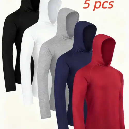 6Pcs Men's Lightweight Athletic Hoodies Long Sleeve Shirts, All-Season Rash Guards, Quick-Drying Breathable Ice-Sensitive Fabric, Moisture-Absorbing Sweat-Wicking Windproof Hooded Tops, Multi-Purpose Athletic Wear , Running, Outdoor Sports & Fitness