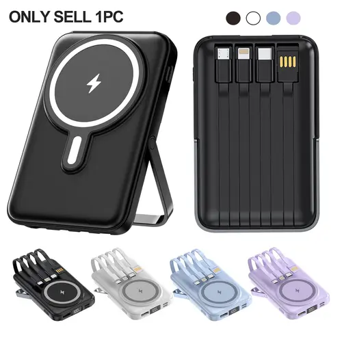 22.5W Magnetic Travel Power Bank Portable Charger with 4 Cables, 10000mAh Battery Pack Fast Charging with LED Display, Foldable Metal Stand, PowerBank for iPhone 17/16/15/14/13/12/Pro/Pro Max and Android Phones