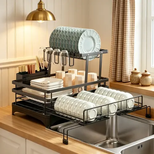 Small Kitchen Must Have Foldable Over Sink Dish Drying Rack Pull-Out 2-Tier Dish Drainer with Utensil Holder Space Saving Kitchen Organizer, Rust Proof Expandable Sink Dish Rack for Apartment RV Camper