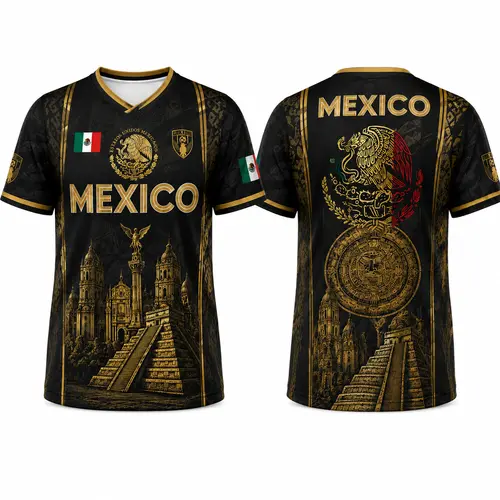 2026 Men's & Women's Mexican Apparel Jersey - Black Gold Aztec Eagle Chichén Itzá Pyramid V-Neck Retro All-Over Print Sports Jersey Tee, Mesh Airflow Sporty Chic Athletic Top, Easy-to-Match Casual Button-Accent Football Shirt