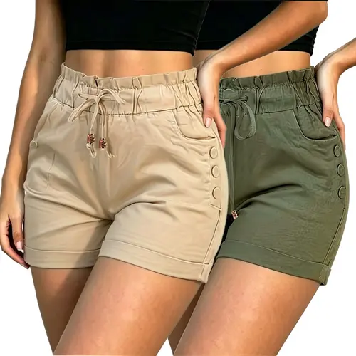 Women's 2PCS Spring-Summer Casual High-Waisted Cinched-Fit Shorts, Polyester Garment with Button-Elastic Design, Loose-Adjustable Comfort for Everyday Wear, Shorts For Women, Women's Clothing