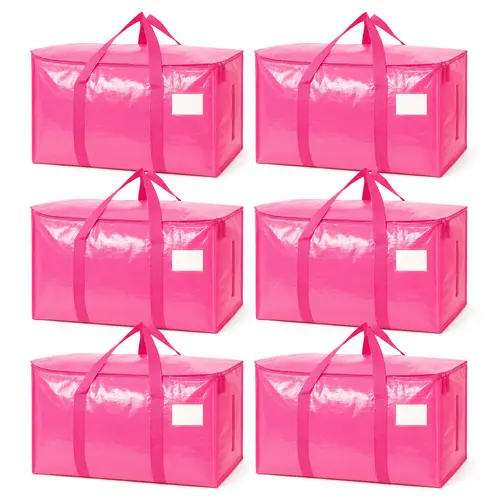 【Back To School】Pink Moving Bags, Heavy-Duty 24-Gallon Extra-Large Foldable Storage Totes with Zipper, Carry Handles and Visible Label Tags, Collapsible Closet Organizer for Clothes, Bedding, College Dorm, Moving, Travel & Home Storage