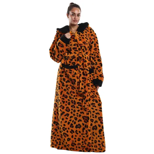 Hooded Leopard Print Long Bathrobe for Women, Thick Fuzzy Flannel Lined House Robe, Cozy Warm Full Length Loungewear Sleep Robe for Halloween