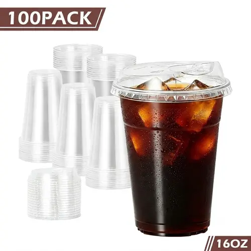 100-Pack Strawless Sip Lid Drinkware Cups - 16/20/24oz BPA-Free Eco-Friendly Recyclable PET Disposable Tumblers, Leak-Proof To-Go Cups for Business, Christmas Ceremony, Iced Coffee, Parties & Cafes