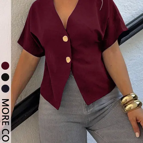 Women's Fitted V Neck Blouse Summer Layering Top Short Dolman Sleeves Asymmetric Hem Decorative Button Detail Cropped Silhouette Trendy Minimalist Aesthetic Style Perfect for Office Date Night Shirts