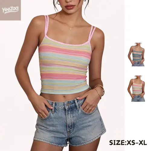 YeeZaa Rainbow Striped Tank Tops Cropped Sparkle Tank for Women 2026 Summer 4th of July Holiday Gradient Low Cut Vibrant Stripes Cami Top Adjustable Double Strap Knitted Striped Spaghetti Strap Camisole Y2k Tight Vest Beach Vacation Outfit