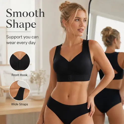 Women’s Wireless Posture Support Bra, Front Closure Wide Strap Bra with Breathable Molded Cups, Everyday Comfort Bra for Yoga, Gym & Daily Wear