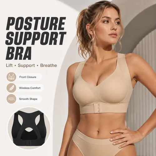 Wireless Front Closure Bra for Women, Wide Strap Posture Support Design Bra with Soft Molded Cups, Breathable Everyday Comfort Bra for Light Workouts & Daily Wear