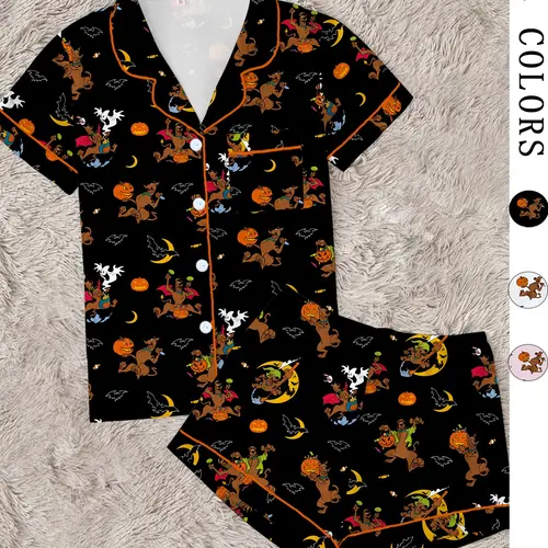 Women's Halloween Pajama Set, Cute Cartoon Pumpkin, Bat, Ghost & Animal Print, 2-Piece Short-Sleeve Sleepwear Loungewear, Fitted for All Seasons, Pyjamas Set