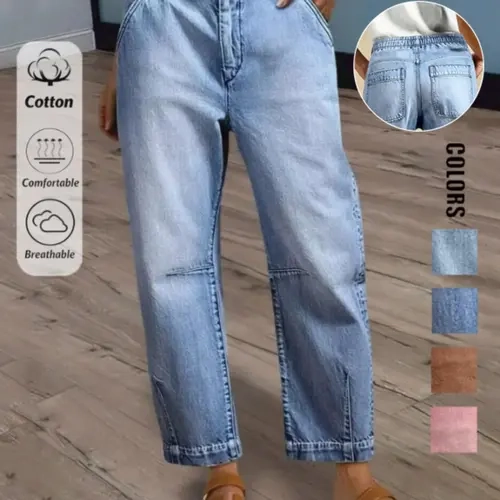 Women's Casual Elegant Light-Washed Tapered Jeans with Pockets, Pleated Details & Button Closure, Slim-Fit Plain Denim Pants, All-Season Essential, Fashionable Ladies' Clothing