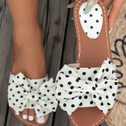 Sweet Polka Dot Textile Casual Flat Bottom Sandals, Cute Butterfly Knot Design, Soft Rubber Sole, Multi-Color Options, Comfortable Women's Footwear