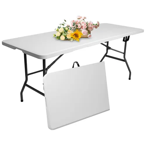 WGCTEK Foldable Picnic Table - 4FT/6FT, Half-Folding, Height-Adjustable, Sturdy, Portable with Handle & Lock, Quick Assembly, Easy Storage, White for Outdoor/Indoor Use