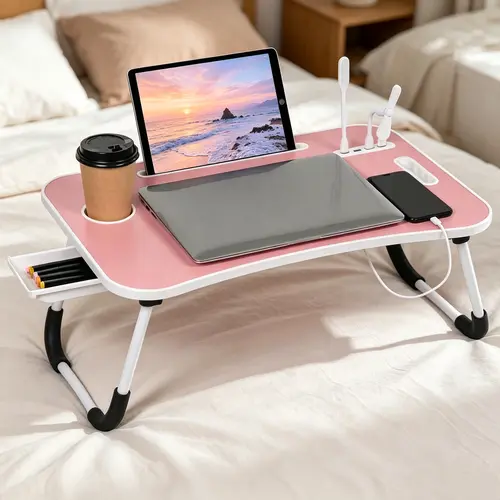 WGCTEK Laptop Bed Desk, Portable Foldable Laptop Table, Lap Desk Tray Table with 4 USB Ports, Storage Drawer and Cup Holder, for Bed/Couch Working, Reading - Black/White/Pink/Walnut