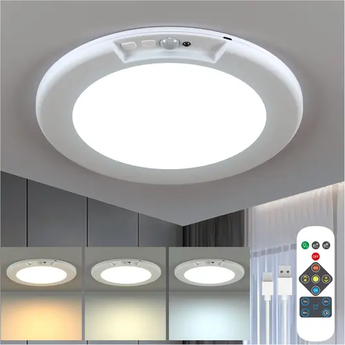 [Back To School] 1pc Minimalist Ultra-Thin Rechargeable Indoor Magnetic LED Ceiling Light, 3 Color Modes, Motion Sensor, Remote Control, Wireless Battery-Operated, Peel-and-Stick No-Drill Renter-Friendly Lamp with Auto Shut-Off for Bedroom, Hallway