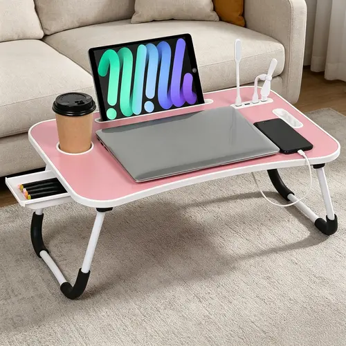 WGCTEK Laptop Bed Desk, Portable Foldable Laptop Table, Lap Desk Tray Table with 4 USB Ports, Storage Drawer and Cup Holder, for Bed/Couch Working, Reading - Black/White/Pink/Walnut, 23.6 X 15.7 X 10.6 Inches