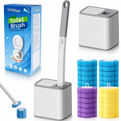 Nifogo Auto Flip White Disposable Toilet Brush Holder, Practical Summer Bathroom Cleaning Gear, Wall Hanging Cleaning Set with 24 Aromatic Replacement Heads