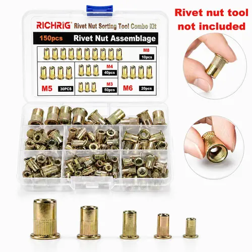 Rivet Nut 150 PCS (Sizes M3,M4,M5,M6,M8, Carbon Steel) – Suitable for Automotive Repair and Warehouse Operations (Rivet nut tool not included)