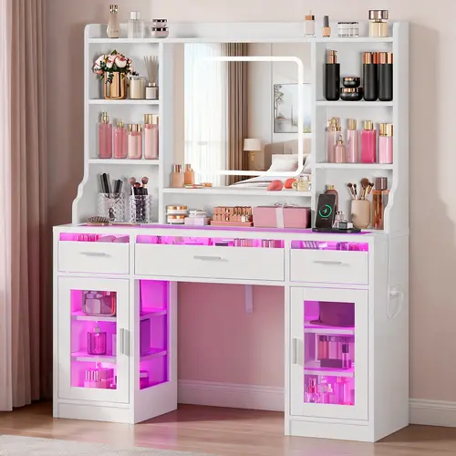 Sturdy Modern Makeup Vanity - White Stand-Alone Bedroom Furniture with Smart Lit Glass Tabletop, 6 Storage Shelves, 2 Large Tempered Glass Cabinets, Built-In Power Outlet, Lighted Smart Mirror for Makeup Routines