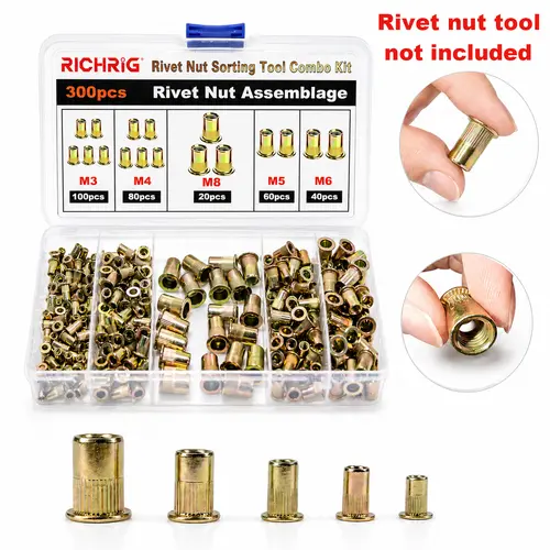 Rivet Nut 300 PCS (Sizes M3,M4,M5,M6,M8, Carbon Steel) – Suitable for Automotive Repair and Warehouse Operations (Rivet nut tool not included)