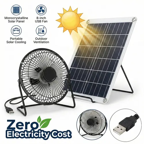 【Back To School】15W Rechargeable Energy-Efficient Solar Powered Fan, 8-Inch USB Exhaust Fan with Compact Monocrystalline Solar Panel, Power Bank Compatible Outdoor Gadget for Camping, Greenhouse#FathersDayGift