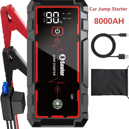 Car Jump Starter 12V 8000mAh, Soulor Portable Car Battery Jump Starter & Emergency Battery Booster Pack with Smart Jumper Cables, LCD Display, LED Flashlight & USB Fast Charging for Gas & Diesel Vehicles