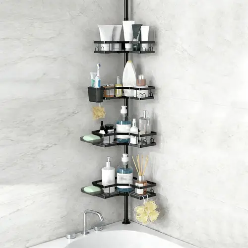 4-Tier Hollow Corner Shower Caddy Set with Tension Pole - Durable Rustproof Adjustable Floor-Standing Bathroom Organizer with Waterproof Surface, Orderly Shampoo Placement, for Families, Laundry Room, Keeps Walls Smooth