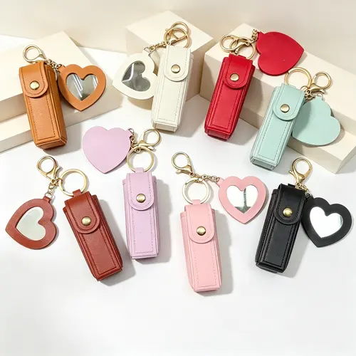 Women's Fashion Casual Compact Preppy PU Leather Lip Balm Holder Keychain - Heart Design with Heart Mirror, Portable Lipstick Case Mini Bag Charm, Birthday Gift for Teen Girls