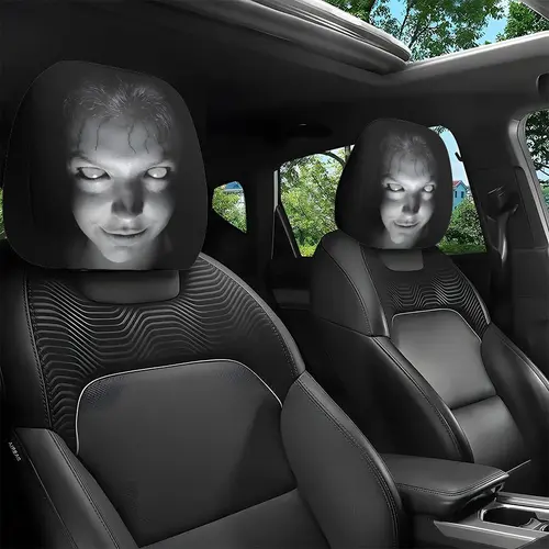 Spooky 3D Graphic Car Headrest Covers - High Elastic Polyester Seat Pillow Protectors, Halloween Ghost Bride/Demon Eye/Evil Witch Themed Accessories, Festive Gift & Car Interior Item