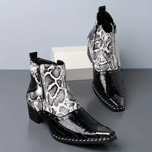Men's Urban Chic Footwear - Closed PU Leather Ankle Boots with Snakeskin & Crocodile Embossed Texture, Square Toe, Studded Zip-Up, Low Kitten Heel, Street Statement Shoes