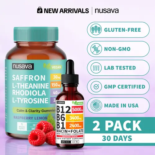 (2-PACK) NUSAVA Calm Energy Stack | Saffron Gummies + B12 Liquid Drops | Daily Mood, Focus & Sustained Energy Support | Saffron Extract, L-Theanine, Rhodiola + B12, B6, Folate | Vegan | Caffeine-Free | 2-Product Bundle