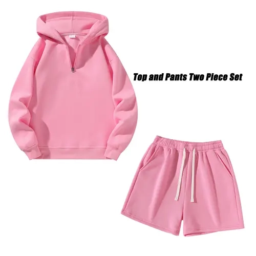 Men's 2-Piece Slim-Fit Knitting Set - Long Sleeve Half-Zip Hooded Sweatshirt & Plain Wide-Leg Athletic Shorts, Adjustable Drawstring Elastic Waistband, Male Clothing, Fashion Streetwear, Comfy College Clothes Casual Menswear, Drip Clothing