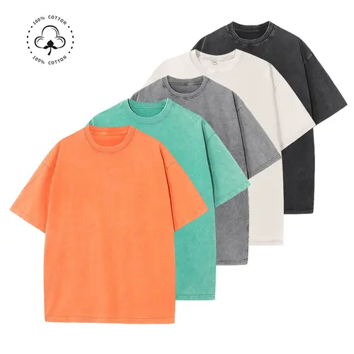 Men's 280g Heavyweight 100% Cotton Round Neck Short-Sleeve T-Shirt - Loose Regular Drop-Shoulder, Washed Distressed Plain, Plus-Size Vintage Streetwear Casual All-Seasons Menswear Top